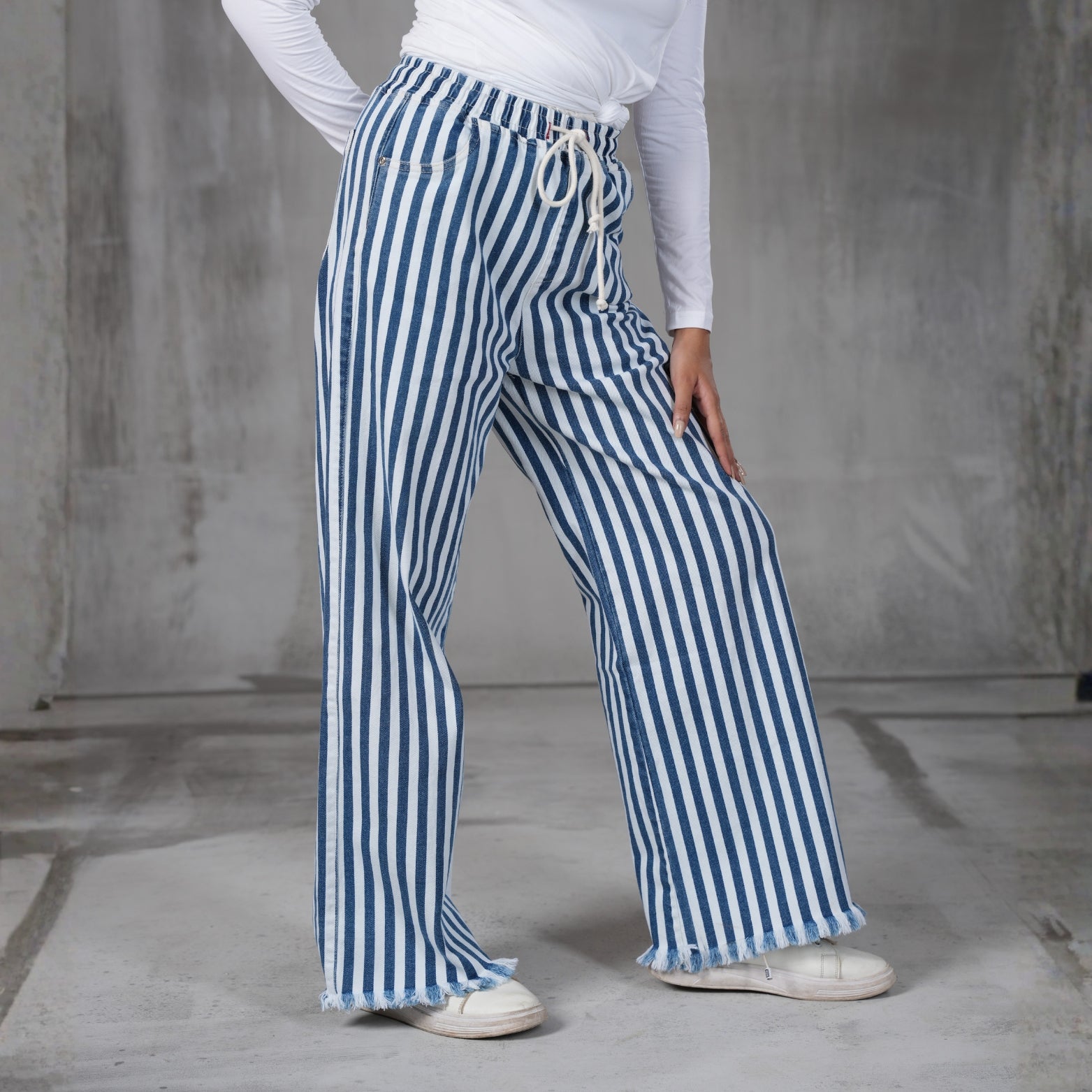 Cherry Chics Premium Denim Striped Wide-Leg Trousers